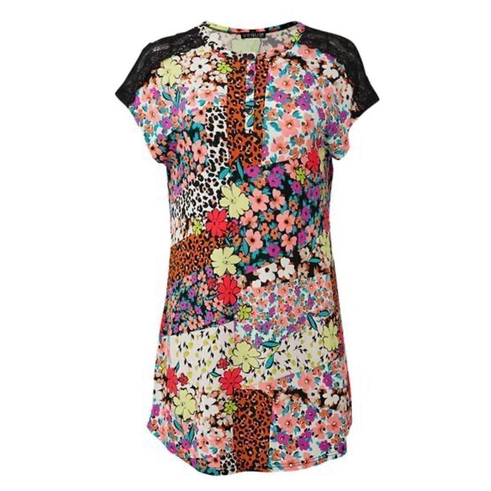 Venus Lacy Colorful‎ Floral Henley Night Shirt Gown 1X NWT Sleepwear Bohemian